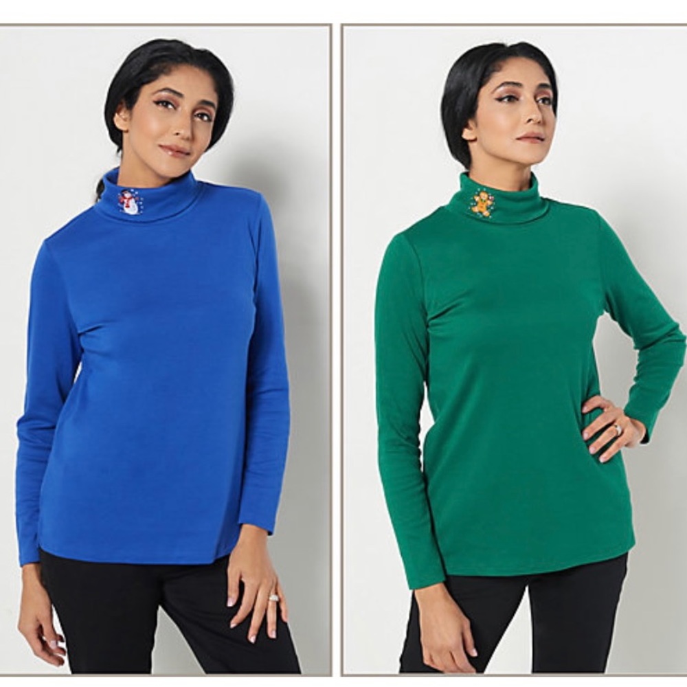 Quacker Factory set of two novelty long sleeve turtlenecks with embroidery